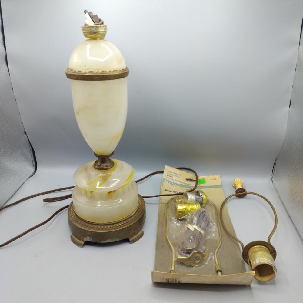Antique 1920's-1940'S Pink Marble Alabaster Stone Table Lamp Lighting Kit